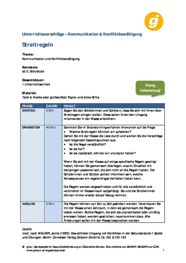 Streitregeln. Unterrichtsvorschläge.