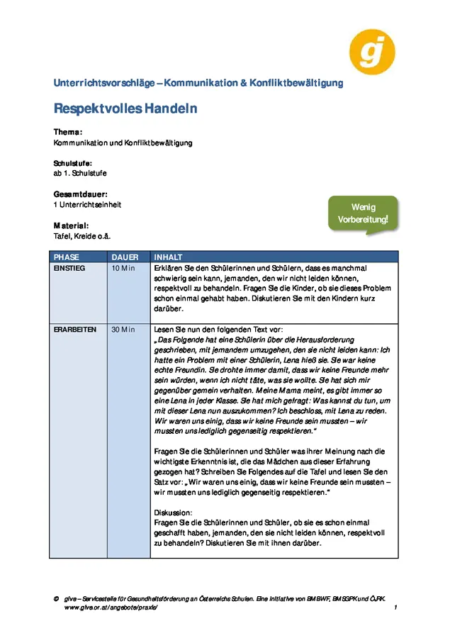 Respektvolles Handeln. Unterrichtsvorschläge.