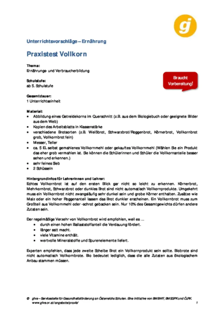 Praxistest Vollkorn. Unterrichtsvorschläge - Ernährung