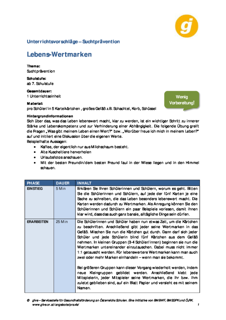 Seite 1: Lebens-Wertmarken