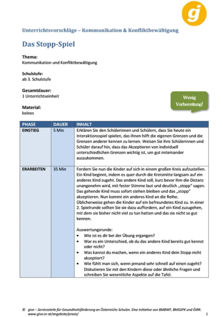 1. Seite von; Das Stopp-Spiel. Unterrichtsvorschläge – Kommunikation & Konfliktbewältigung
