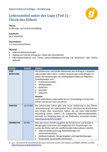 1. Seite: Lebensmittel unter der Lupe (Teil 1)