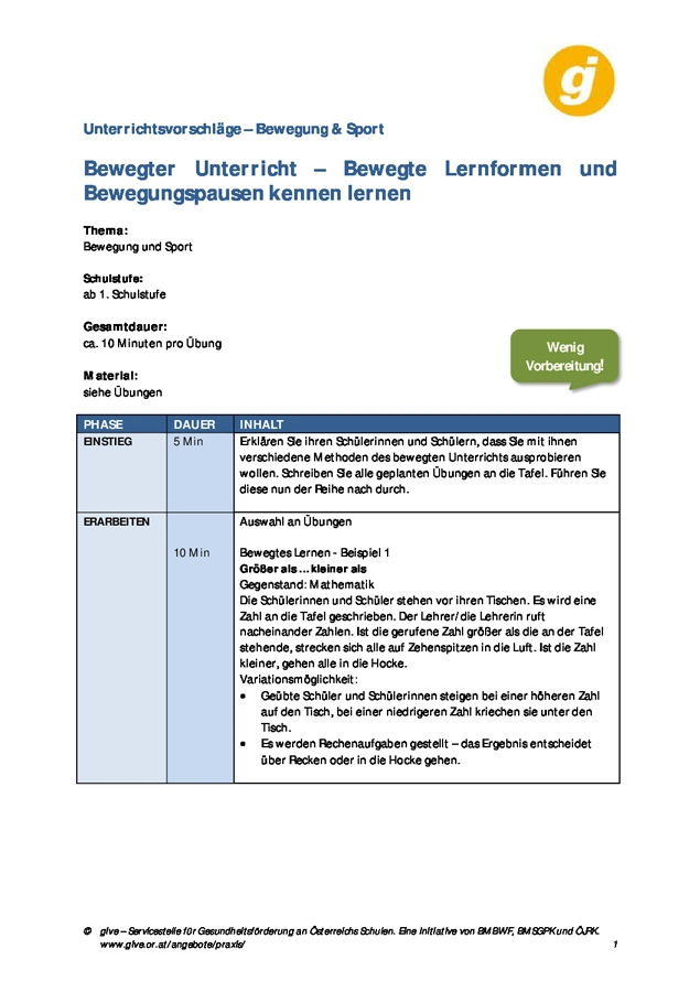 1. Seite "Bewegter Unterricht"