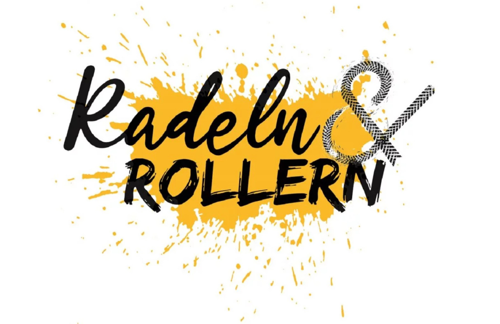 Schriftzug Radeln & Rollern vor einem orangenfarbenen Farbklecks