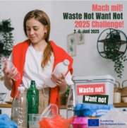 Frau sortiert Müll. Aufruf zur „Waste Not Want Not 2025 Challenge“.