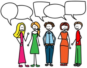 Kinderzeichnung von mehreren Personen mit Sprechblasen über ihren Köpfen