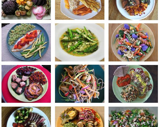 12 Bilder von Tellern mit gesunden, pflanzenbasierten Mahlzeiten