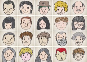 20 Kinderzeichnungen von verschiedenen Gesichtern erwachsener Menschen