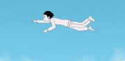 Gezeichnete Figur schwimmt oder fliegt vor einem himmelblauen Hintergrund